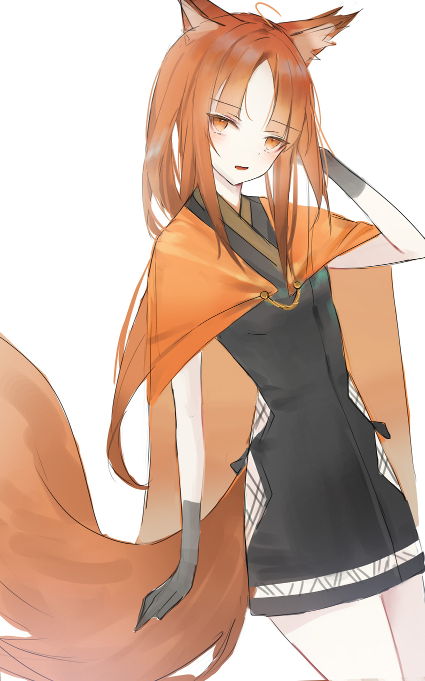 0_(znanimo) absurdres animal_ear_fluff animal_ears arknights bangs black_dress black_gloves brown_eyes brown_hair cape dress gloves hand_up highres huris_(arknights) long_hair looking_at_viewer orange_cape parted_bangs simple_background squirrel_ears squirrel_girl squirrel_tail tail very_long_hair white_background