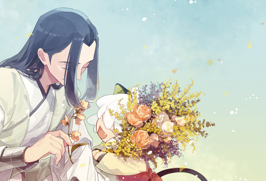 2boys animal_ears black_hair cat_boy cat_ears cat_tail closed_eyes eyebrows_visible_through_hair fang flower highres kashimashao long_hair luoxiaohei multiple_boys open_mouth pink_flower plant short_hair smile tail the_legend_of_luo_xiaohei upper_body white_hair wuxian_(the_legend_of_luoxiaohei)