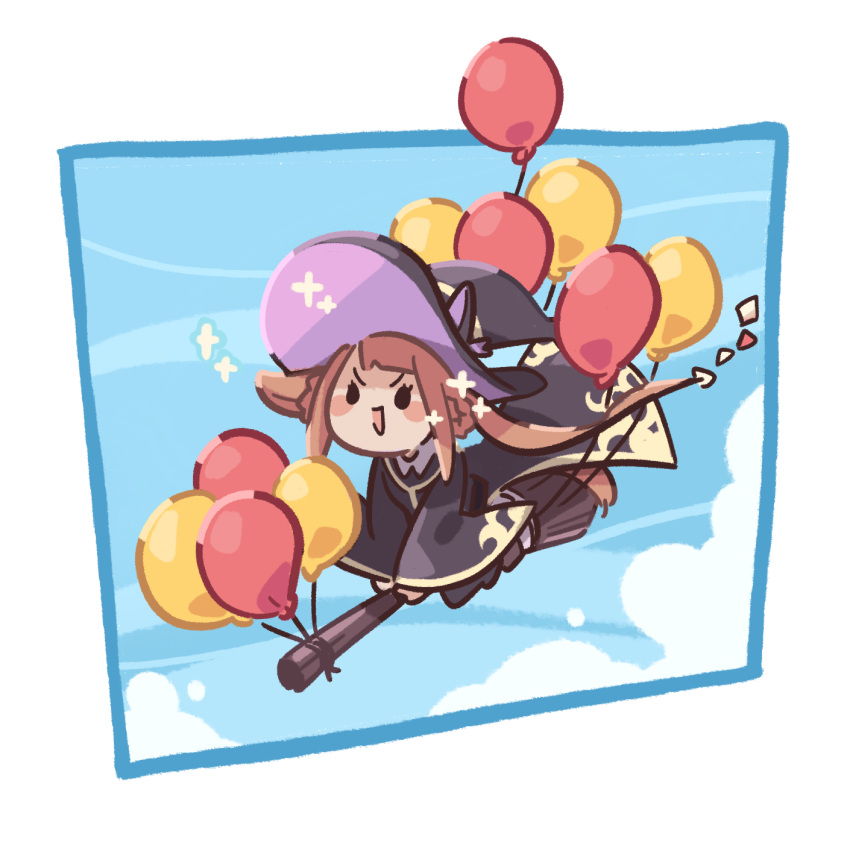1girl :d balloon blue_sky blush broom broom_riding brown_hair chibi commentary_request day flying hat hc2002 highres horse_girl long_hair long_sleeves sky smile solid_circle_eyes solo sparkle sweep_tosho_(umamusume) twintails umamusume witch_hat