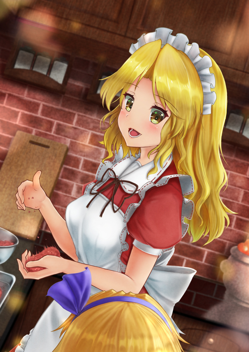 2girls absurdres alice_margatroid alice_margatroid_(pc-98) apron back_bow black_ribbon blonde_hair blue_bow blue_hairband bow brick_wall collared_dress commentary_request commission cooking dress food frilled_apron frills hair_bow hairband highres long_hair luke_(kyeftss) maid maid_apron maid_headdress meat multiple_girls open_mouth puffy_short_sleeves puffy_sleeves red_dress ribbon short_sleeves skeb_commission touhou touhou_(pc-98) white_apron white_bow yellow_eyes younger yumeko_(touhou)