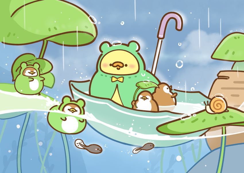 :3 :d absurdres animal_focus bird chick commentary_request eurasian_tree_sparrow fantasy floating foodieg frog highres leaf log no_humans open_mouth original rain raincoat scenery smile snail sparrow tadpole umbrella underwater water_drop