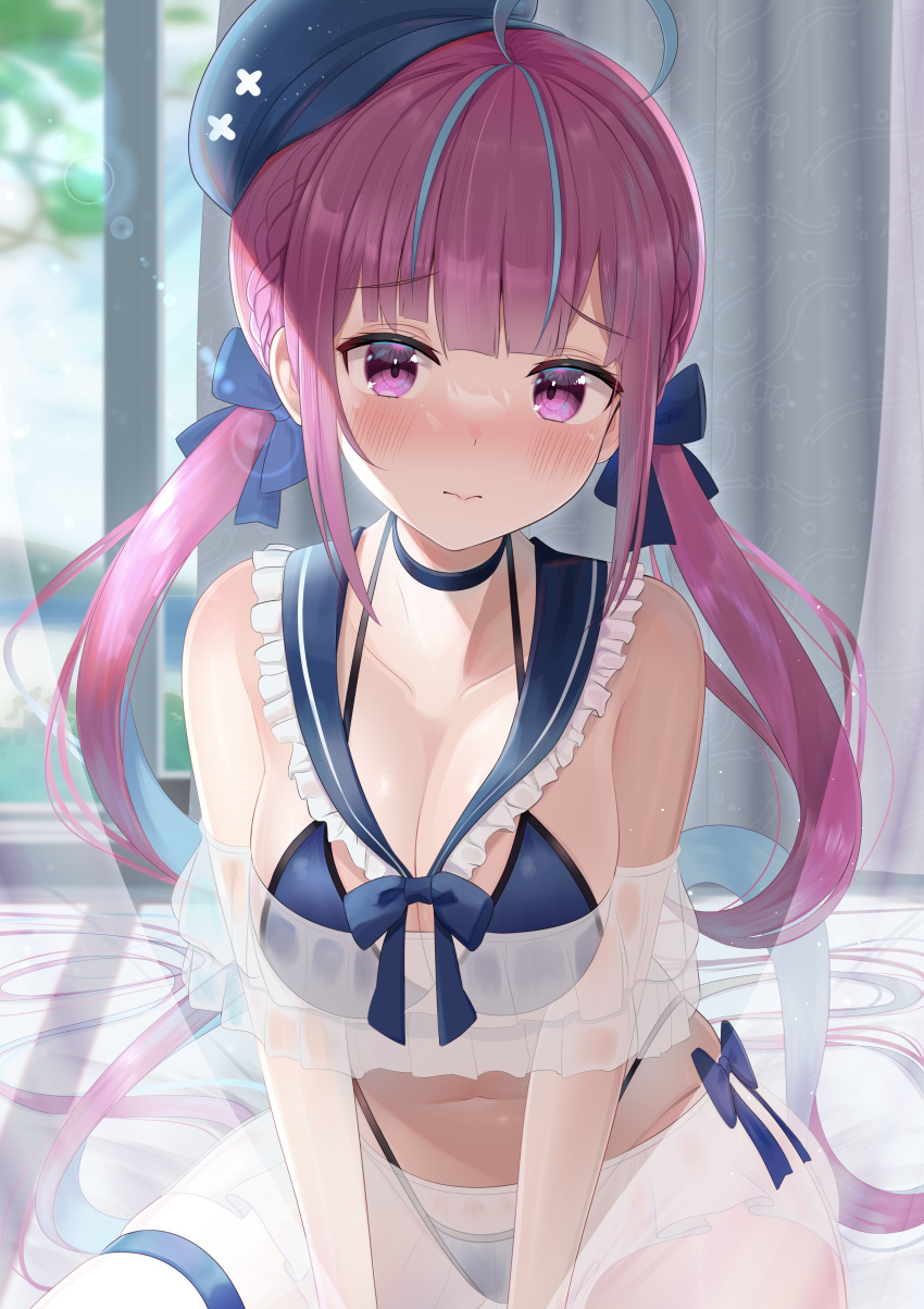 1girl absurdres ahoge blue_hair blue_headwear blush breasts closed_mouth commentary_request curtains hat highres hololive kachikachipiroo leg_garter long_hair looking_at_viewer medium_breasts minato_aqua multicolored_hair navel purple_hair sitting solo swimsuit twintails two-tone_hair very_long_hair violet_eyes virtual_youtuber window