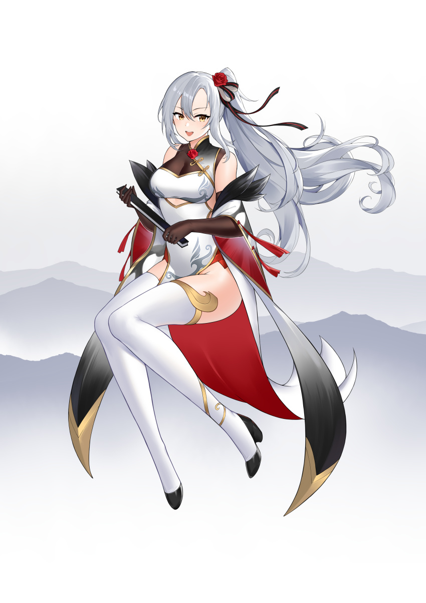 1girl absurdres alternate_costume azur_lane bare_shoulders black_footwear black_gloves china_dress chinese_clothes detached_sleeves drake_(azur_lane) dress elbow_gloves flower folding_fan full_body gloves gold_trim hair_between_eyes hair_flower hair_ornament hand_fan high_heels highres holding holding_fan long_hair open_mouth pelvic_curtain red_flower shidiancijianongpao solo thigh-highs very_long_hair white_dress white_hair white_legwear wide_sleeves yellow_eyes