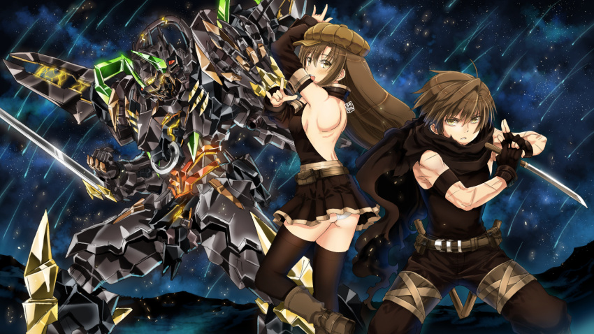 1boy 1girl absurdres arm_blade ass backless_outfit black_legwear black_scarf black_skirt boots breasts brown_eyes brown_footwear brown_hair brown_headwear clenched_hand garimpeiro glowing glowing_eyes hair_behind_ear highres holding holding_knife knife long_hair looking_at_viewer looking_back mecha open_hand open_mouth original panties scarf science_fiction skirt small_breasts smile thigh-highs underwear weapon white_panties yellow_eyes