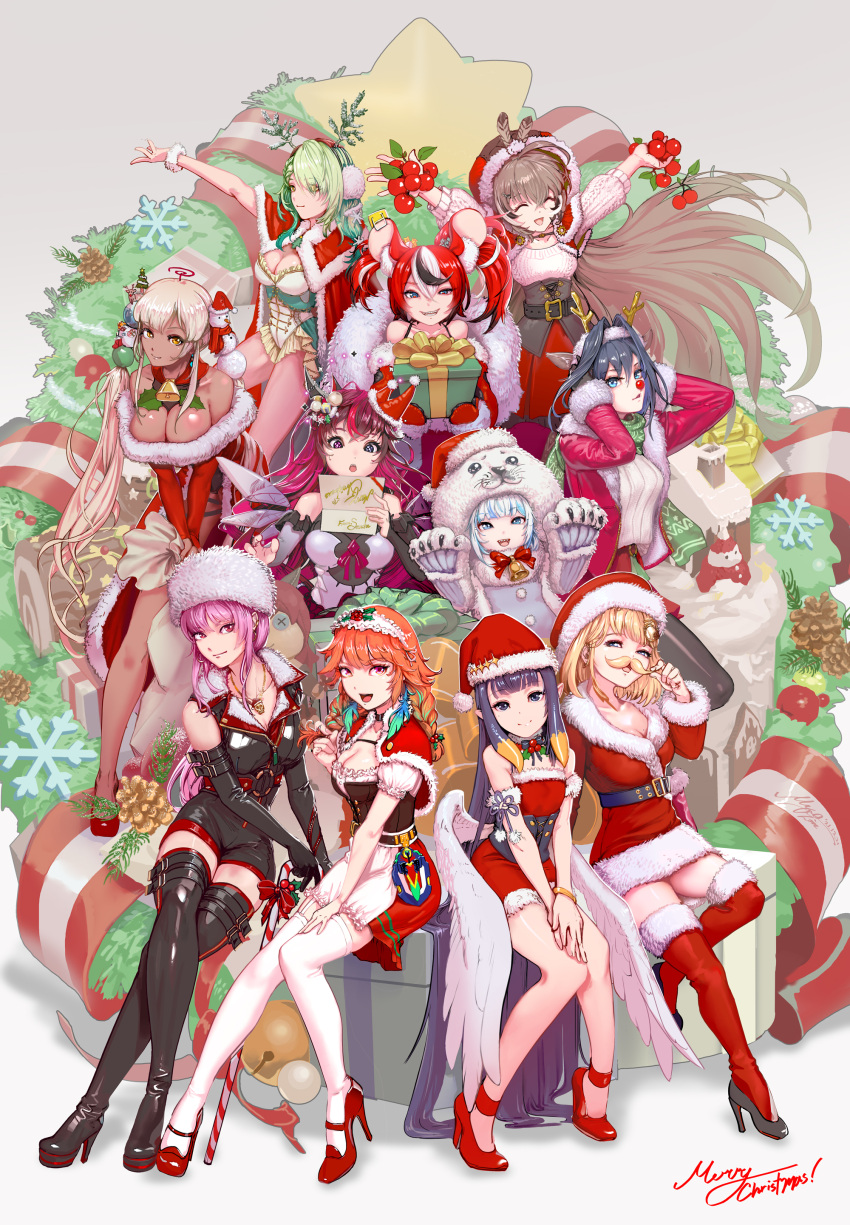 6+girls absurdres animal_ears bare_shoulders bell berry black_hair blonde_hair blue_eyes blue_hair boots braid breasts brown_hair christmas closed_eyes commentary dark-skinned_female dark_skin earmuffs earrings elbow_gloves eyebrows_visible_through_hair eyes_visible_through_hair facial_hair fake_facial_hair full_body gift gloves green_hair hair_between_eyes hat high_heel_boots high_heels highres holding holocouncil hololive hololive_english holomyth hoop_earrings irys_(hololive) jewelry large_breasts long_hair looking_at_viewer medium_breasts medium_hair merry_christmas mixed-language_commentary mouse_ears mouse_girl multicolored_hair multiple_girls mustache myo-zin neck_bell open_mouth orange_hair ouro_kronii pink_hair redhead santa_costume santa_hat sharp_teeth sitting skull skull_necklace smile teeth thigh-highs thigh_boots tongue twin_braids twintails very_long_hair white_hair yellow_eyes