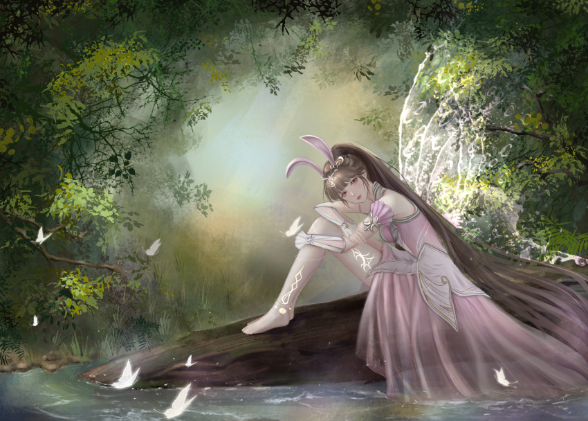 1girl absurdres animal_ears branch brown_hair douluo_dalu_xiaowu_zhuye dress forest highres leaf nature pink_dress ponytail rabbit_ears sideways_glance sitting tree water weibo_id xiao_wu_(douluo_dalu)
