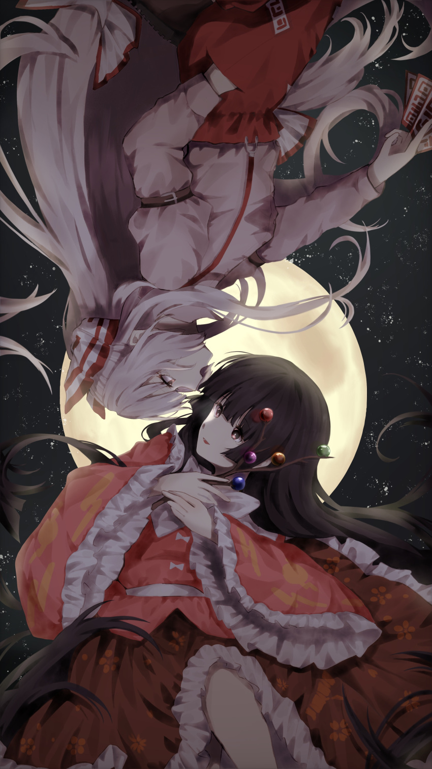 2girls :d absurdres arm_belt bangs between_fingers blunt_bangs boots bow branch breasts brown_eyes brown_footwear brown_hair brown_skirt eye_contact feet_out_of_frame floating floating_hair frills from_side fujiwara_no_mokou full_moon hair_bow hand_in_pocket highres holding holding_branch houraisan_kaguya jeweled_branch_of_hourai juliet_sleeves long_hair long_sleeves looking_at_another moon multiple_girls night night_sky ofuda open_mouth pants parted_lips petticoat pink_eyes pink_shirt profile puffy_sleeves red_pants shirt silver_hair skirt sky small_breasts smile somei_ooo star_(sky) starry_sky suspenders touhou upside-down very_long_hair white_bow white_shirt wide_sleeves