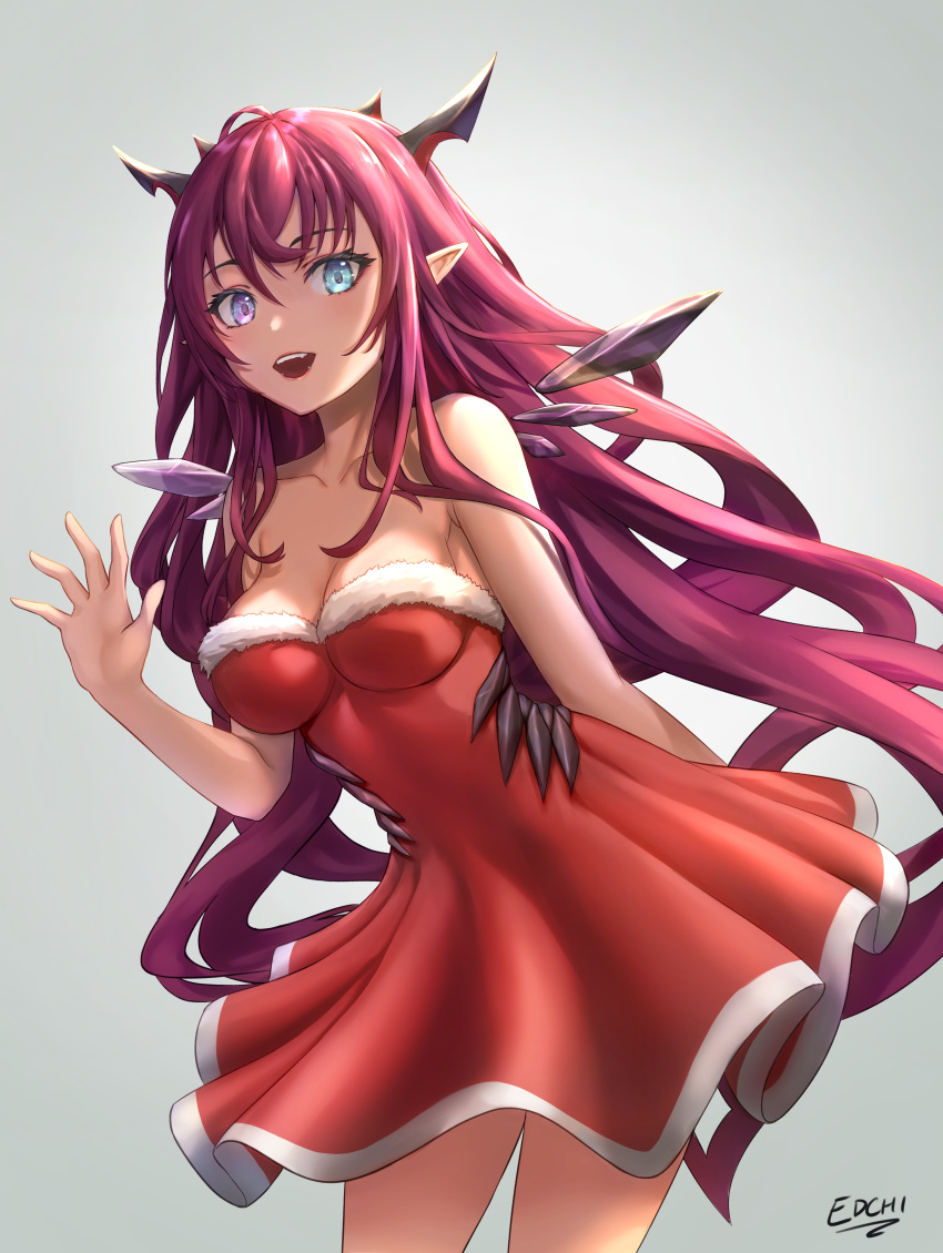 1girl absurdres bangs bare_arms bare_legs bare_shoulders christmas_dress collarbone dress edchi hand_up highres hololive hololive_english horns irys_(hololive) long_hair looking_at_viewer redhead short_dress smile teeth very_long_hair virtual_youtuber waving wavy_hair wings