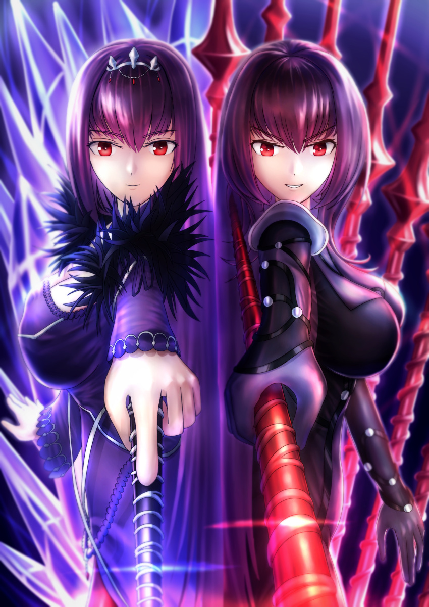 2girls bangs black_legwear blush bodysuit breasts brown_background cleavage commentary_request dual_persona fate/grand_order fate_(series) hair_between_eyes hand_up highres hug ichi_yoshida jewelry kamoashi large_breasts long_hair looking_at_viewer multiple_girls navel necklace parted_lips red_eyes red_hair scathach_(fate/grand_order) scathach_skadi_(fate/grand_order) seductive_smile shoulder_armor smile spaulders standing thigh-highs very_long_hair