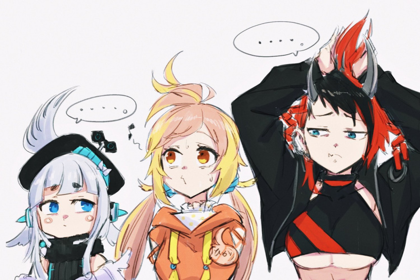 ... 3girls and_uge animare arms_up bangs black_hair black_jacket black_sports_bra blonde_hair blue_eyes blunt_bangs breasts chain closed_mouth commentary_request cropped_jacket demon_girl demon_horns eyebrows_visible_through_hair gin_(tttetu123) head_wings hira_hikari hood hoodie horns jacket large_breasts long_hair looking_at_another looking_to_the_side multicolored_hair multiple_girls open_clothes open_jacket orange_hair orange_hoodie pointy_ears red_sports_bra redhead ryugasaki_rene short_hair simple_background single_head_wing spoken_ellipsis sports_bra sugar_lyric thick_eyebrows twintails two-tone_hair under_boob upper_body v_ap_art virtual_youtuber white_background white_hair