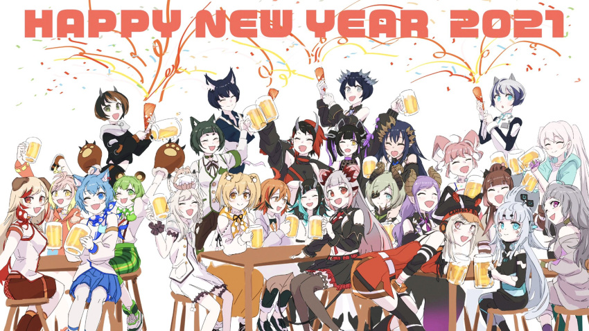 2021 6+girls 774_inc. ahoge alcohol and_uge animal_ears animal_hands animare bangs beer beer_mug black_bow black_bowtie black_hair black_headwear black_hoodie black_jacket black_legwear black_pants black_ribbon black_shirt black_skirt black_sports_bra black_vest blonde_hair blue_bandana blue_eyes blue_hair blue_skirt bob_cut boots bow bowtie braid breasts brown_footwear brown_hair brown_ribbon brown_shirt brown_skirt cabbie_hat cat_ears chain chair character_request closed_eyes closed_mouth collared_shirt commentary_request crop_top cropped_jacket crown cup demon_girl demon_horns demon_tail dog dog_ears dress ear_chain ear_piercing earrings eyebrows_visible_through_hair eyepatch feet_out_of_frame frilled_cuffs frilled_skirt frills gin_(tttetu123) ginneko_nanashi gloves green_bow green_bowtie green_eyes green_footwear green_hair grey_eyes grey_hair hair_bun hair_cones hair_ribbon happy_new_year hashiba_natsumi_(animare) hat head_wings heart heart_print highres hira_hikari honey_strap hood hoodie horns inaba_haneru_(animare) jacket jewelry kazami_kuku kisaki_anko kojo_anna komori_met kuroneko_nanashi large_breasts long_hair long_sleeves looking_at_viewer medium_hair mikeneko_nanashi mug multicolored_hair multiple_girls neck_ribbon neckerchief necktie new_year one_eye_closed open_clothes open_jacket open_mouth open_vest orange_eyes orange_hair orange_hoodie orange_neckerchief pants party party_popper paw_gloves piercing pink_eyes pink_hair pointy_ears polka_dot_bandana polka_dot_bowtie polka_dot_neckerchief purple_hair red_eyes red_necktie red_sports_bra redhead ribbon ryugasaki_rene saionji_mary sekishiro_mico shimamura_charlotte shiromiya_mimi shirt shishio_chris shoes short_hair side_braid single_braid single_head_wing sitting skirt smile sneakers sports_bra streaked_hair sugar_lyric suou_patra suspenders table tail thigh-highs twintails two-tone_hair two_side_up under_boob v_ap_art vest violet_eyes virtual_youtuber white_background white_dress white_hair white_shirt white_vest wrist_cuffs yellow_eyes yunohara_izumi