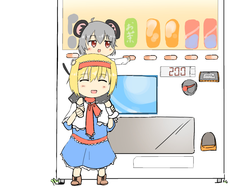 2girls alice_margatroid animal_ears blonde_hair blue_dress buttons cookie_(touhou) dress grey_hair highres ichigo_(cookie) mouse_ears mouse_tail multiple_girls nazrin nyon_(cookie) on_shoulder outstretched_arm palet200011 red_eyes red_headwear red_neckwear tail touhou vending_machine