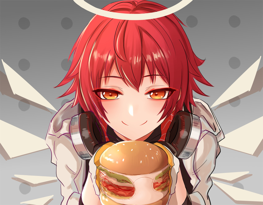 1girl angel arknights burger chinese_commentary closed_mouth commentary_request cupping_hands detached_wings english_commentary exusiai_(arknights) eyebrows_visible_through_hair food gloves gradient gradient_background grey_background hair_between_eyes halo headphones headphones_around_neck highres holding holding_food jacket looking_at_viewer mixed-language_commentary own_hands_together panties red_eyes redhead short_hair simple_background smile solo underwear upper_body wenzheng147 white_jacket wings yellow_gloves