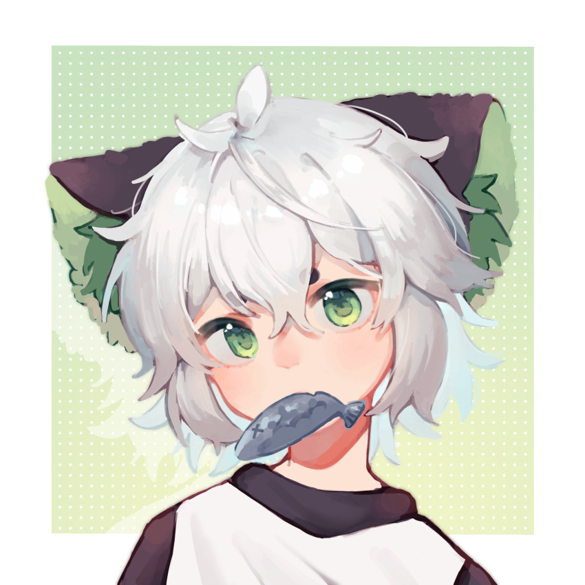 1boy absurdres animal_ears blush cat_boy cat_ears child fish green_background green_eyes highres looking_at_viewer luoxiaohei mouth_hold paki2000 portrait shadow short_hair solo the_legend_of_luo_xiaohei white_hair