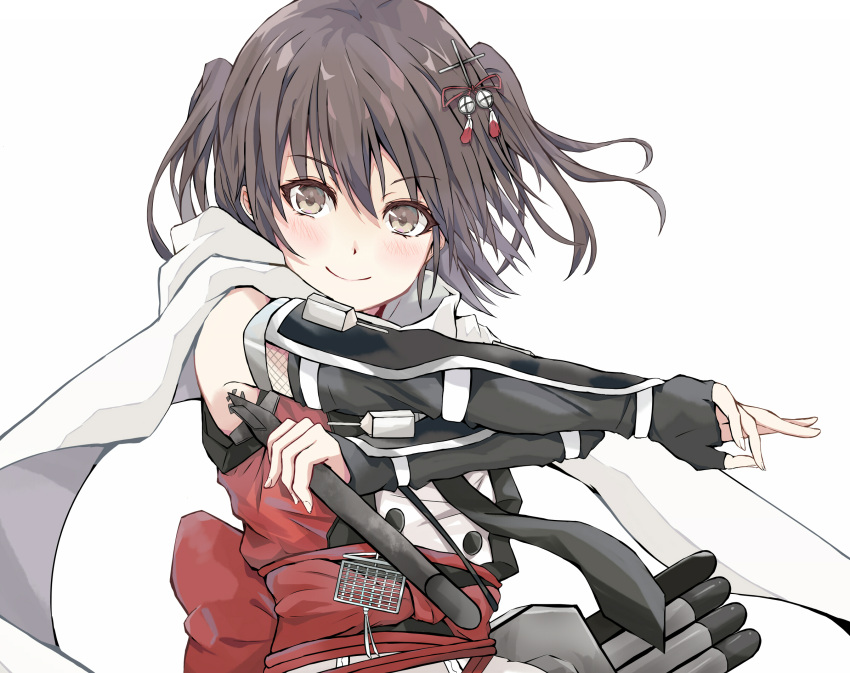 1girl black_gloves brown_eyes brown_hair dairyo3 elbow_gloves eyebrows_visible_through_hair fingerless_gloves fishnets gloves hair_ornament highres holding holding_torpedo kantai_collection looking_at_viewer medium_hair multicolored_clothes ninja obi outstretched_arms red_shirt remodel_(kantai_collection) sash scarf school_uniform sendai_(kancolle) serafuku shirt sleeveless smile torpedo torpedo_tubes two_side_up upper_body weapon white_scarf