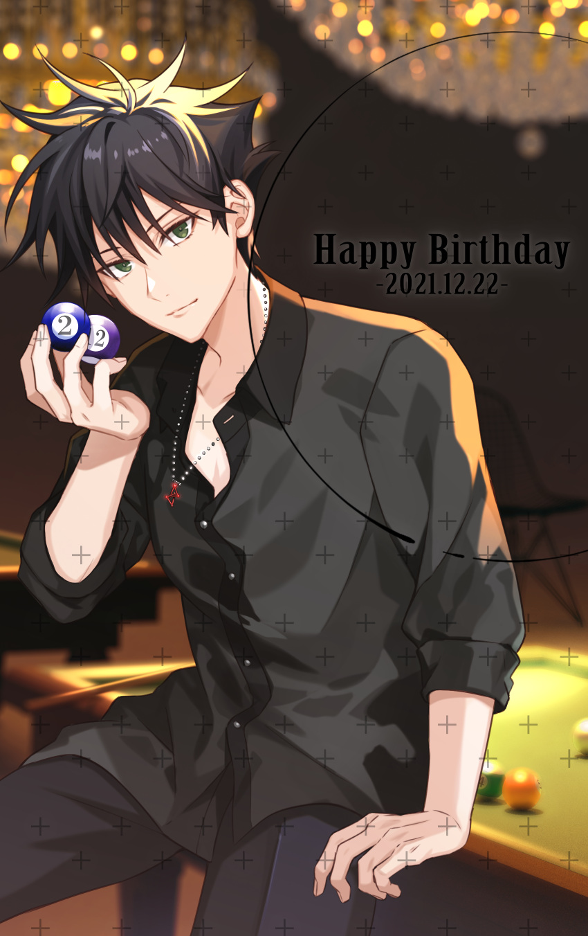 1boy absurdres ball billiard_ball black_hair black_jacket black_pants closed_mouth cowboy_shot dated fushiguro_megumi green_eyes happy_birthday highres indoors jacket jewelry jujutsu_kaisen looking_at_viewer male_focus necklace pants partially_unbuttoned pool_table short_hair sleeves_rolled_up smile solo spiky_hair standing yunan_(twyunan)