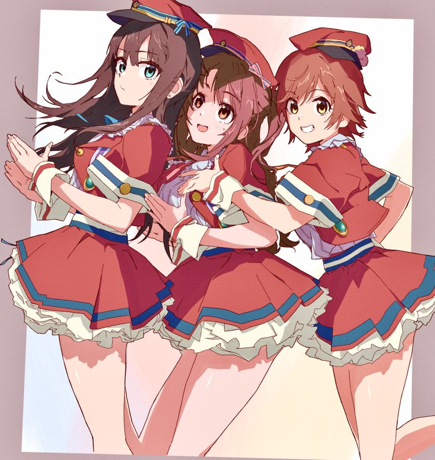 3girls :o absurdres bare_legs black_hair bloom_into_me15 brown_hair dekitate_evo!_revo!_generation!_(idolmaster) expressionless feet_out_of_frame frilled_skirt frills gakiami grin highres honda_mio idol idolmaster idolmaster_cinderella_girls looking_at_another looking_at_viewer multiple_girls new_generations_(idolmaster) one_side_up red_headwear shibuya_rin shimamura_uzuki short_sleeves simple_background skirt smile straight_hair wrist_cuffs