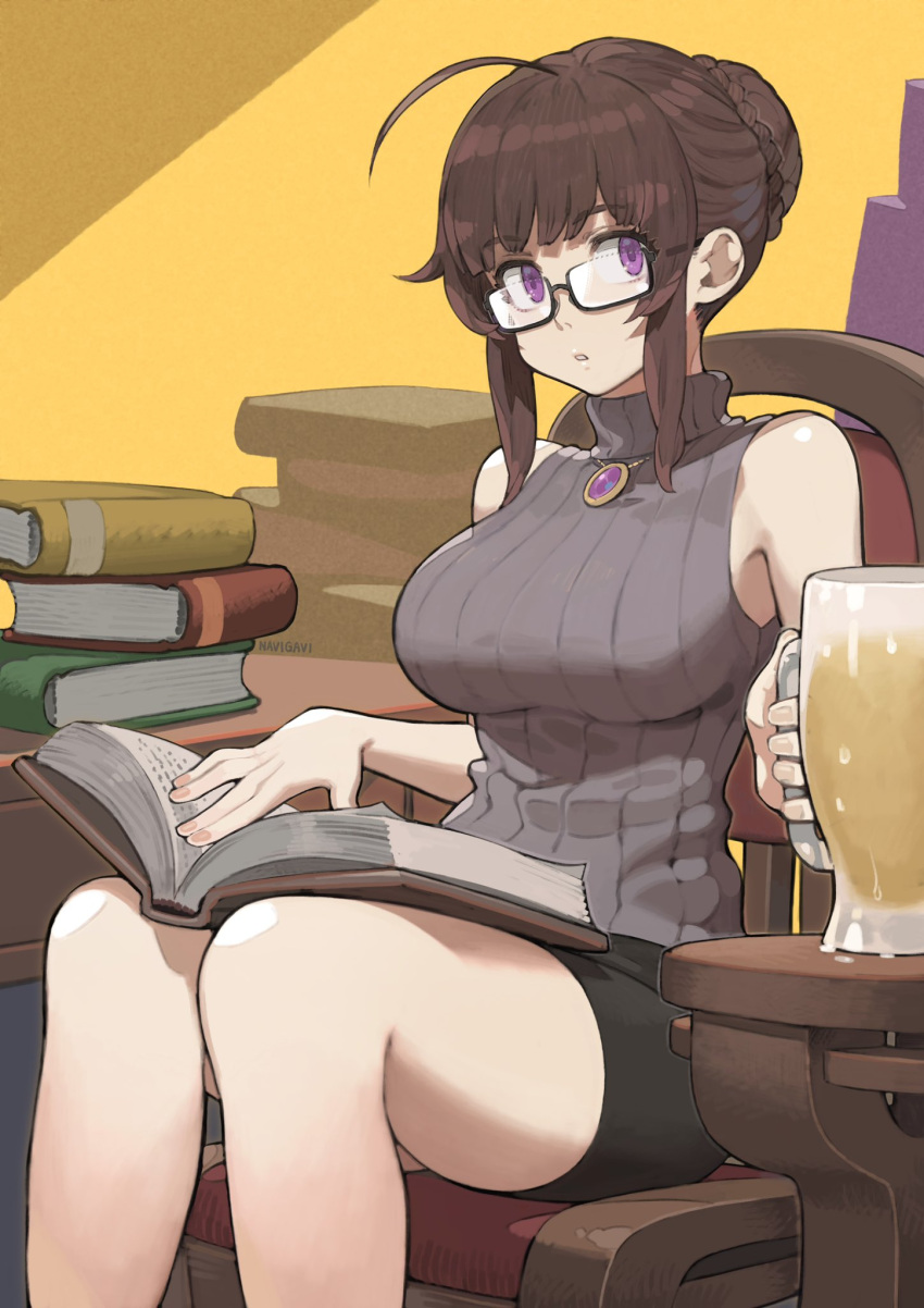 1girl ahoge beer_mug black_shorts book book_stack borrowed_character braid braided_bun breasts brown_hair chair commentary commission condensation cup english_commentary expressionless eyebrows_visible_through_hair feet_out_of_frame glasses hair_bun half_updo highres jewelry jun_(seojh1029) large_breasts looking_at_viewer medium_hair mug open_book original parted_lips pendant ribbed_sweater semi-rimless_eyewear short_shorts shorts sidelocks signature simple_background sitting skeb_commission sleeveless sleeveless_sweater sleeveless_turtleneck solo sweater thighs turtleneck turtleneck_sweater violet_eyes yellow_background