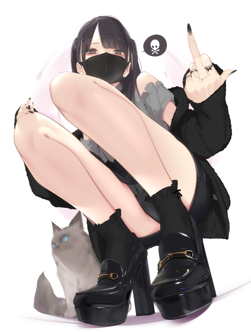 1girl ama_mitsuki animal bangs black_footwear black_hair black_jacket black_legwear black_nails black_panties black_skirt brown_eyes cat commentary_request detached_sleeves fingernails frilled_legwear frilled_sleeves frills from_behind full_body grey_shirt hand_on_own_knee highres jacket legs long_sleeves looking_at_viewer looking_down mask middle_finger miniskirt mouth_mask nail_polish open_clothes open_jacket original panties pantyshot puffy_short_sleeves puffy_sleeves sharp_fingernails shiny shiny_clothes shirt short_sleeves skirt sleeves_past_wrists socks solo spoken_skull squatting twintails underwear