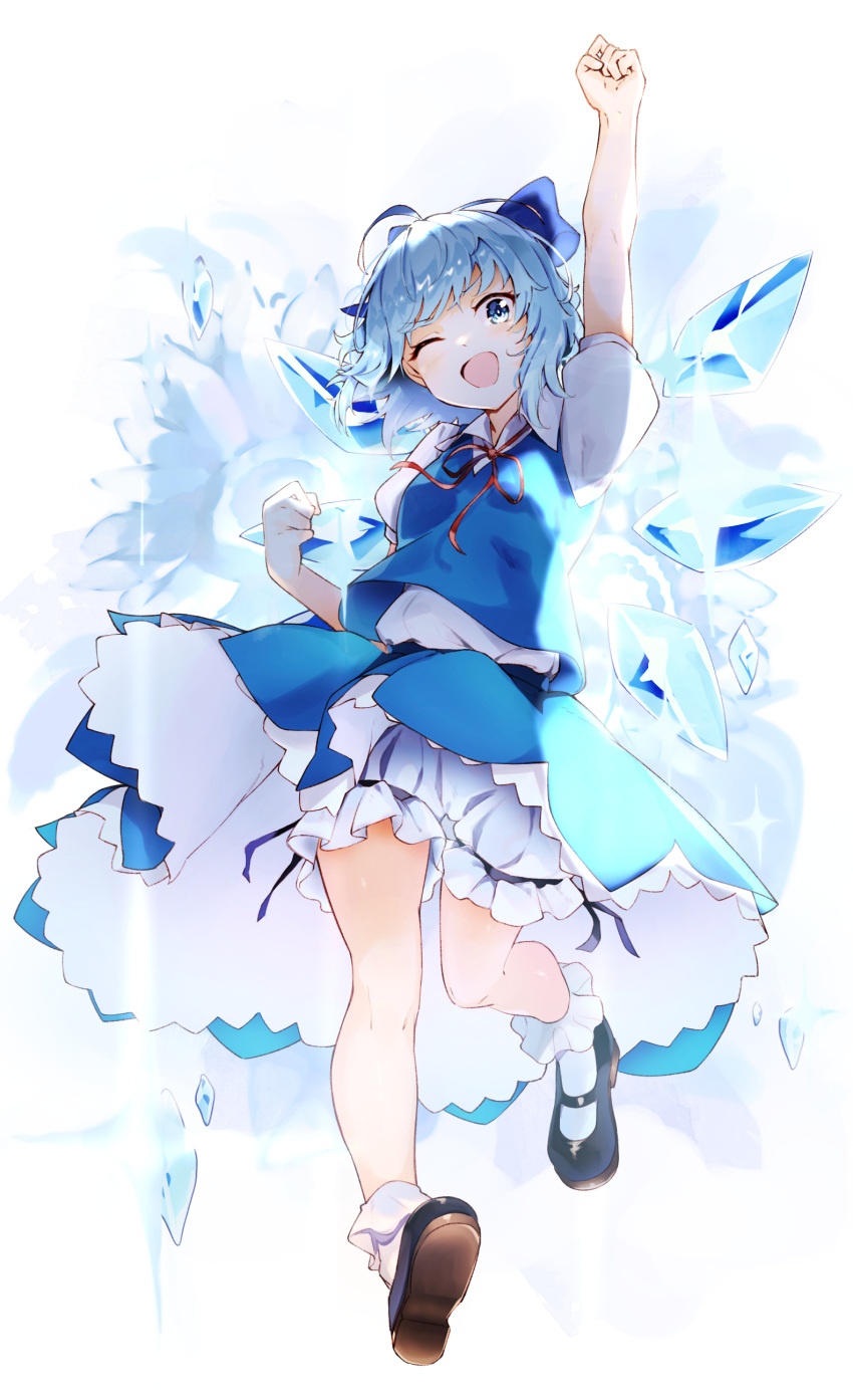 1girl absurdres arm_up black_footwear bloomers blue_bow blue_eyes blue_hair blue_skirt blue_vest bow cirno collared_shirt eyebrows_visible_through_hair fairy full_body hair_bow highres ice ice_wings mary_janes one_eye_closed open_mouth puffy_short_sleeves puffy_sleeves shirt shoes short_hair short_sleeves skirt smile solo tamiku_(shisyamo609) touhou underwear vest white_bloomers white_shirt wings