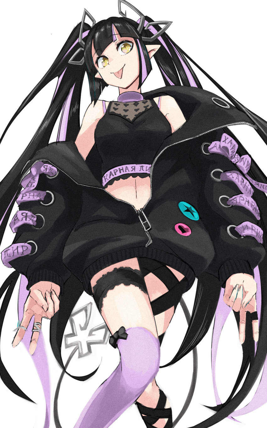 1girl bangs black_bow black_hair black_jacket black_ribbon black_shirt blunt_bangs bow bow_legwear breasts closed_mouth commentary_request crop_top cross-laced_sleeves demon_girl demon_horns demon_tail eyebrows_visible_through_hair feet_out_of_frame gin_(tttetu123) heart heart_print highres horns jacket jewelry kojo_anna leg_ribbon long_hair long_sleeves looking_at_viewer looking_down medium_breasts multicolored_hair navel open_clothes open_jacket over-kneehighs pointy_ears purple_hair purple_legwear ribbon ring russian_text see-through_shirt shirt simple_background sleeveless sleeveless_shirt smile solo sugar_lyric tail thigh-highs thigh_strap tongue tongue_out transparent_background twintails two-tone_hair v virtual_youtuber yellow_eyes zipper