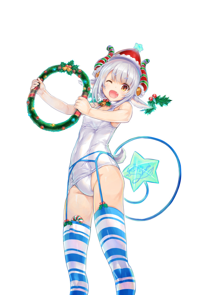 1girl ;d absurdres animal_ears asymmetrical_legwear bangs bell blue_garter_belt blue_legwear breasts brown_eyes candy candy_cane character_name christmas commentary_request covered_navel demon_girl demon_horns demon_tail eyebrows_visible_through_hair fangs food hat head_tilt highres holding holly horns kikuru_(vtuber) kiyama_satoshi lami_shia looking_at_viewer mismatched_legwear one-piece_swimsuit one_eye_closed open_mouth red_headwear santa_hat school_swimsuit shia_sisters short_hair silver_hair simple_background small_breasts smile solo standing star_(symbol) striped striped_legwear swimsuit tail thigh-highs virtual_youtuber white_background white_swimsuit wreath