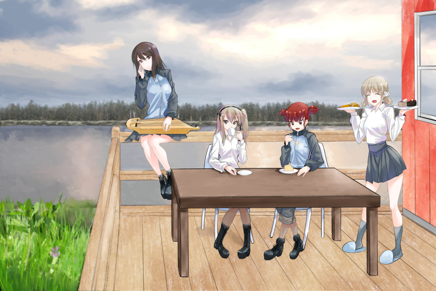 4girls aki_(girls_und_panzer) ankle_boots bangs black_ribbon blue_footwear blue_jacket blue_pants blue_skirt blunt_bangs boots brown_eyes brown_hair chair closed_eyes closed_mouth commentary_request crossed_ankles cup day dress_shirt drinking eating eno_(mauritz_stiller) food forest girls_und_panzer grass grey_legwear grey_sky hair_ribbon hair_tie head_tilt highres holding holding_cup holding_instrument holding_plate instrument jacket kantele keizoku_military_uniform lake light_brown_eyes light_brown_hair long_hair long_sleeves looking_at_viewer low_twintails mika_(girls_und_panzer) mikko_(girls_und_panzer) military military_uniform miniskirt multiple_girls nature no_hat no_headwear one_side_up open_mouth outdoors overcast pants pants_rolled_up pants_under_skirt partial_commentary plate pleated_skirt porch raglan_sleeves railing red_eyes redhead ribbon saucer shimada_arisu shirt short_hair short_twintails sitting skirt slippers smile socks standing table teacup track_jacket track_pants twintails uniform white_shirt wing_collar