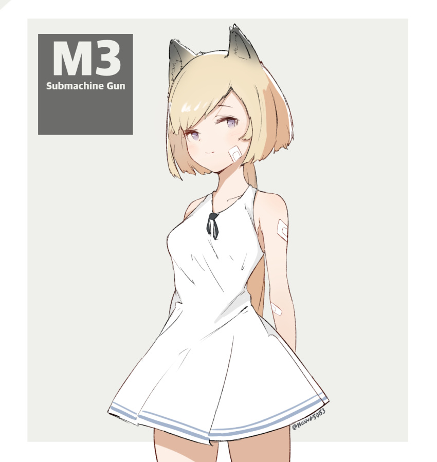 1girl animal_ears arms_behind_back bandaid bandaid_on_arm bandaid_on_face blonde_hair breasts character_name commentary cowboy_shot dress girls_frontline grey_background highres kemonomimi_mode long_hair looking_at_viewer m3_(girls'_frontline) medium_breasts nauwa ponytail smile solo twitter_username violet_eyes white_dress