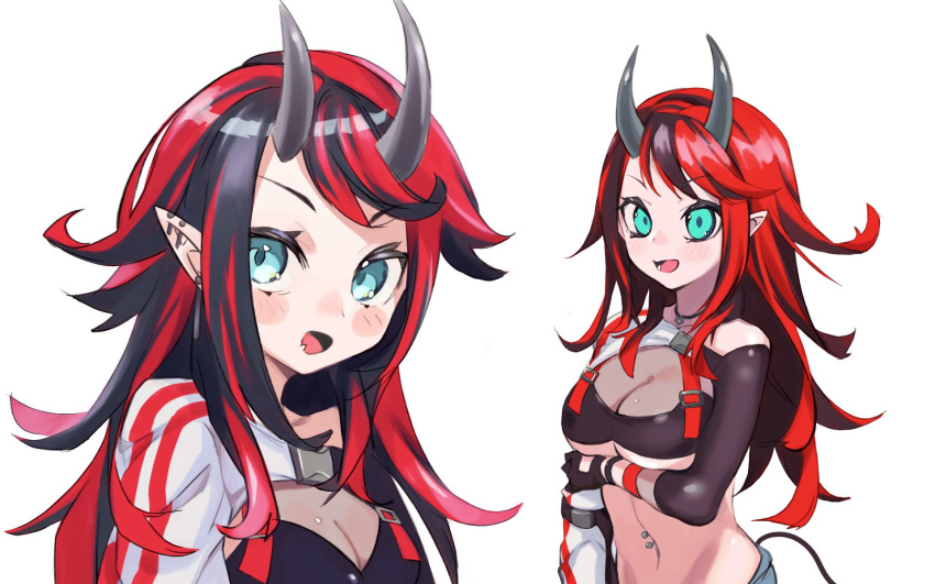 1girl arm_strap bangs bikini bikini_top black_bikini black_hair blue_eyes blue_shorts blush breasts commentary_request compression_sleeve demon_girl demon_horns demon_tail ear_piercing gin_(tttetu123) highres horns jacket large_breasts long_hair looking_at_viewer midriff multicolored_hair multiple_views navel navel_piercing official_alternate_costume open_mouth piercing pointy_ears redhead ryugasaki_rene shorts shrug_(clothing) simple_background single_sleeve striped striped_jacket sugar_lyric swimsuit tail two-tone_hair under_boob upper_body virtual_youtuber white_background white_jacket