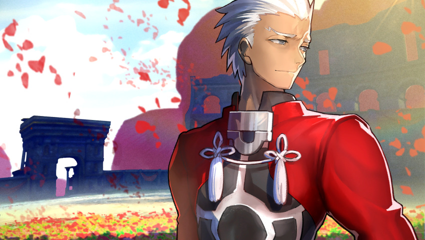 1boy archer_(fate) closed_mouth cropped_jacket dark-skinned_male dark_skin fate/extella fate/extra fate/stay_night fate_(series) grey_eyes highres jacket long_sleeves looking_to_the_side non-web_source official_art photoshop_(medium) red_jacket ruins silver_hair solo spiky_hair standing wada_arco white_hair