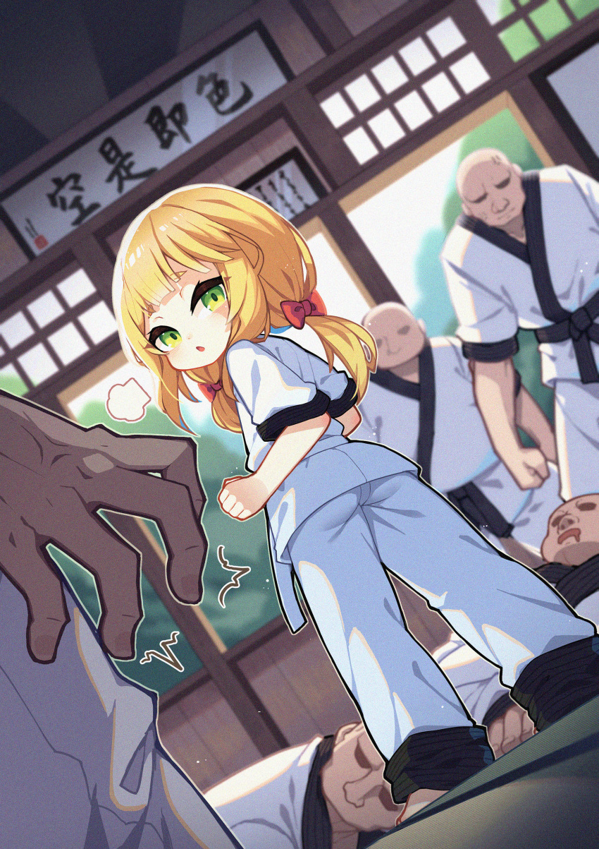 1girl 5boys absurdres ass bald belt black_belt blonde_hair borrowed_character bow child clenched_hands dojo dougi faceless faceless_male from_behind green_eyes hair_bow highres karate karate_gi kotoba_(1074421015) long_hair looking_back low_twintails martial_arts multiple_boys original pants ribbon shirt twintails white_belt white_pants white_shirt