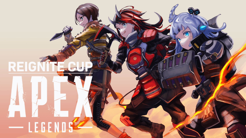 1boy 2girls and_uge apex_legends axe bangs black-framed_eyewear black_hair black_pants bloodhound_(apex_legends) bloodhound_(apex_legends)_(cosplay) blue_eyes brown_hair character_request closed_mouth commentary_request copyright_name cosplay demon_girl demon_horns demon_tail feet_out_of_frame fingerless_gloves gin_(tttetu123) gloves grey_hair head_wings highres holding holding_axe holding_knife horns jacket knee_pads knife long_hair looking_afar multicolored_hair multiple_girls pants pointy_ears pouch real_life redhead ryugasaki_rene shield short_hair shoulder_pads single_head_wing smile sudetaki sugar_lyric tactical_clothes tail two-tone_hair v_ap_art virtual_youtuber yellow_jacket