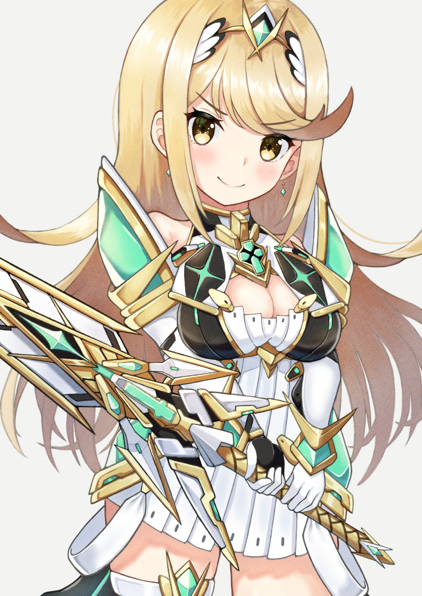 1girl absurdres bangs blonde_hair breasts chest_jewel earrings elbow_gloves gem gloves headpiece highres jewelry kaede_(maple4rt) large_breasts long_hair mythra_(xenoblade) solo swept_bangs tiara very_long_hair white_gloves xenoblade_chronicles_(series) xenoblade_chronicles_2 yellow_eyes