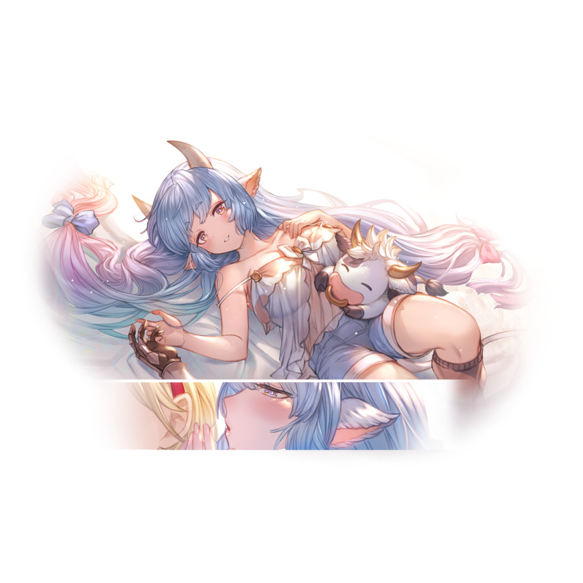 2girls alpha_transparency animal_ears bangs blue_hair blush bow breasts catura_(granblue_fantasy) cow cow_ears djeeta_(granblue_fantasy) draph eyebrows_visible_through_hair gauntlets gradient_hair granblue_fantasy hair_bow hand_on_own_chest horns large_breasts long_hair looking_at_viewer lying minaba_hideo multicolored_hair multiple_girls official_art on_back parted_lips pointy_ears purple_hair shorts simple_background smile solo strap_slip transparent_background two-tone_hair whispering