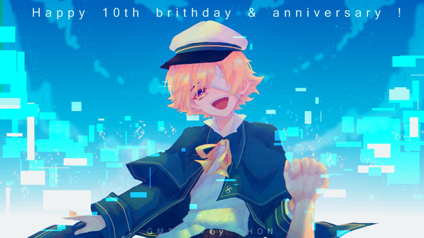 1boy backlighting bandage_on_face bandage_over_one_eye bandages blue_capelet blue_jacket blue_sky capelet commentary_request dal_segno_(symbol) english_commentary glitch half-closed_eyes hat highres jacket looking_at_viewer male_focus mixed-language_commentary neck_ribbon oliver_(vocaloid) open_mouth outdoors peaked_cap pov pov_hands ribbon sak_ch21 shirt sky smile vietnamese_commentary vocaloid white_headwear white_shirt yellow_eyes yellow_ribbon