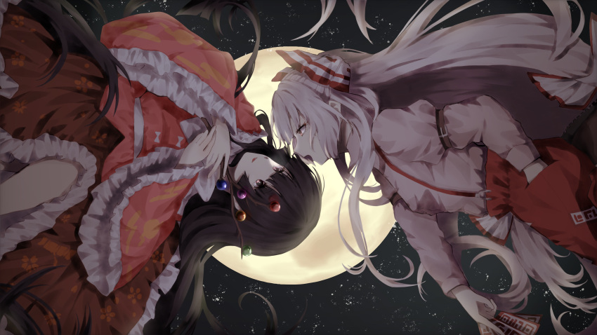 2girls :d absurdres arm_belt bangs between_fingers blunt_bangs blush boots bow branch breasts brown_eyes brown_footwear brown_hair brown_skirt eye_contact feet_out_of_frame floating floating_hair frills from_side fujiwara_no_mokou full_moon hair_bow hand_in_pocket highres holding holding_branch houraisan_kaguya jeweled_branch_of_hourai juliet_sleeves long_hair long_sleeves looking_at_another moon multiple_girls night night_sky ofuda open_mouth pants parted_lips petticoat pink_eyes pink_shirt puffy_sleeves red_pants shirt silver_hair skirt sky small_breasts smile somei_ooo star_(sky) starry_sky suspenders touhou upside-down very_long_hair white_bow white_shirt wide_sleeves