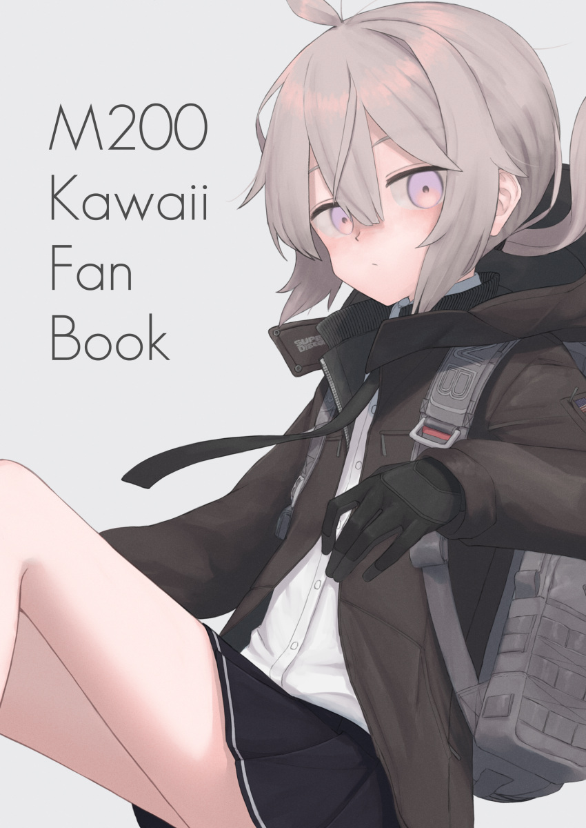 1girl absurdres ahoge backpack bag bangs black_gloves black_necktie black_skirt character_name comiket_99 commentary_request cover cover_page english_text flat_chest girls_frontline gloves gradient_eyes grey_background hair_between_eyes highres jacket looking_at_viewer m200_(girls'_frontline) multicolored_eyes necktie open_clothes open_jacket origumi pleated_skirt ponytail shirt simple_background skirt solo upper_body violet_eyes white_shirt