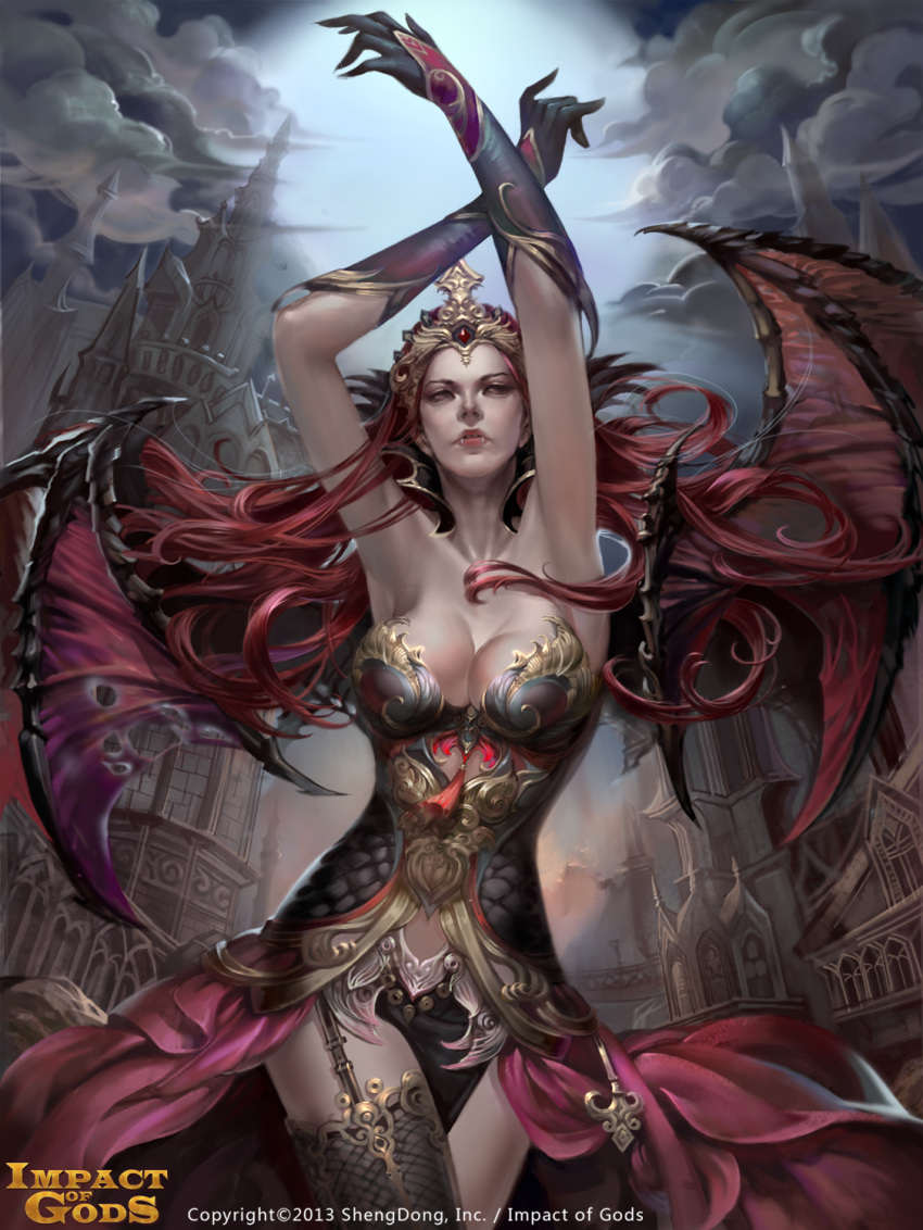1girl armpits arms_up bare_shoulders bat_wings breasts bridal_gauntlets castle character_request clouds cloudy_sky commentary company_name copyright_name english_commentary fangs full_moon gloves highres huge_moon impact_of_gods jjlovely logo long_hair moon night outdoors red_wings redhead sky solo tiara wings