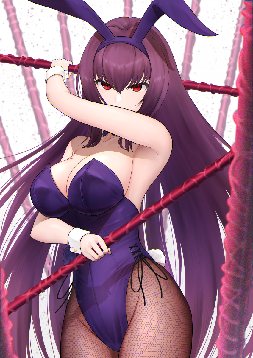 1girl absurdres blue_background blush closed_mouth cowboy_shot dress fate/grand_order fate_(series) hair_ribbon highres holding holding_wand ichi_yoshida kamoashi light_particles long_hair looking_at_viewer multicolored multicolored_background ponytail purple_background purple_dress purple_hair purple_legwear purple_ribbon purple_theme red_eyes ribbon ryo_(pixiv63480009) scathach_(fate)_(all) scathach_skadi_(fate/grand_order) sidelocks smile solo standing thigh-highs tiara wand zettai_ryouiki