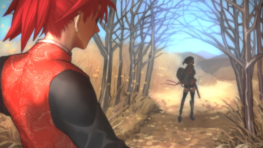 1boy 1girl black_hair blue_sky coat fate/extella fate/extra fate_(series) field game_cg highres hill li_shuwen_(fate) long_sleeves looking_at_another non-web_source official_art photoshop_(medium) platform_footwear red_coat redhead scabbard sheath sky sword tree wada_arco weapon