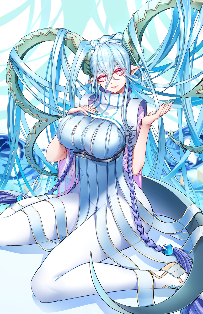 +_+ 1girl blush braid breasts casul curled_horns dress fate/grand_order fate/grand_order_arcade fate_(series) hair_between_eyes highres horns large_breasts larva_tiamat long_hair long_horns long_sleeves looking_at_viewer pantyhose pink_eyes pointy_ears ribbed_dress sidelocks silver_hair sitting smile solo symbol-shaped_pupils tiamat_(fate) very_long_hair wariza white_dress white_legwear