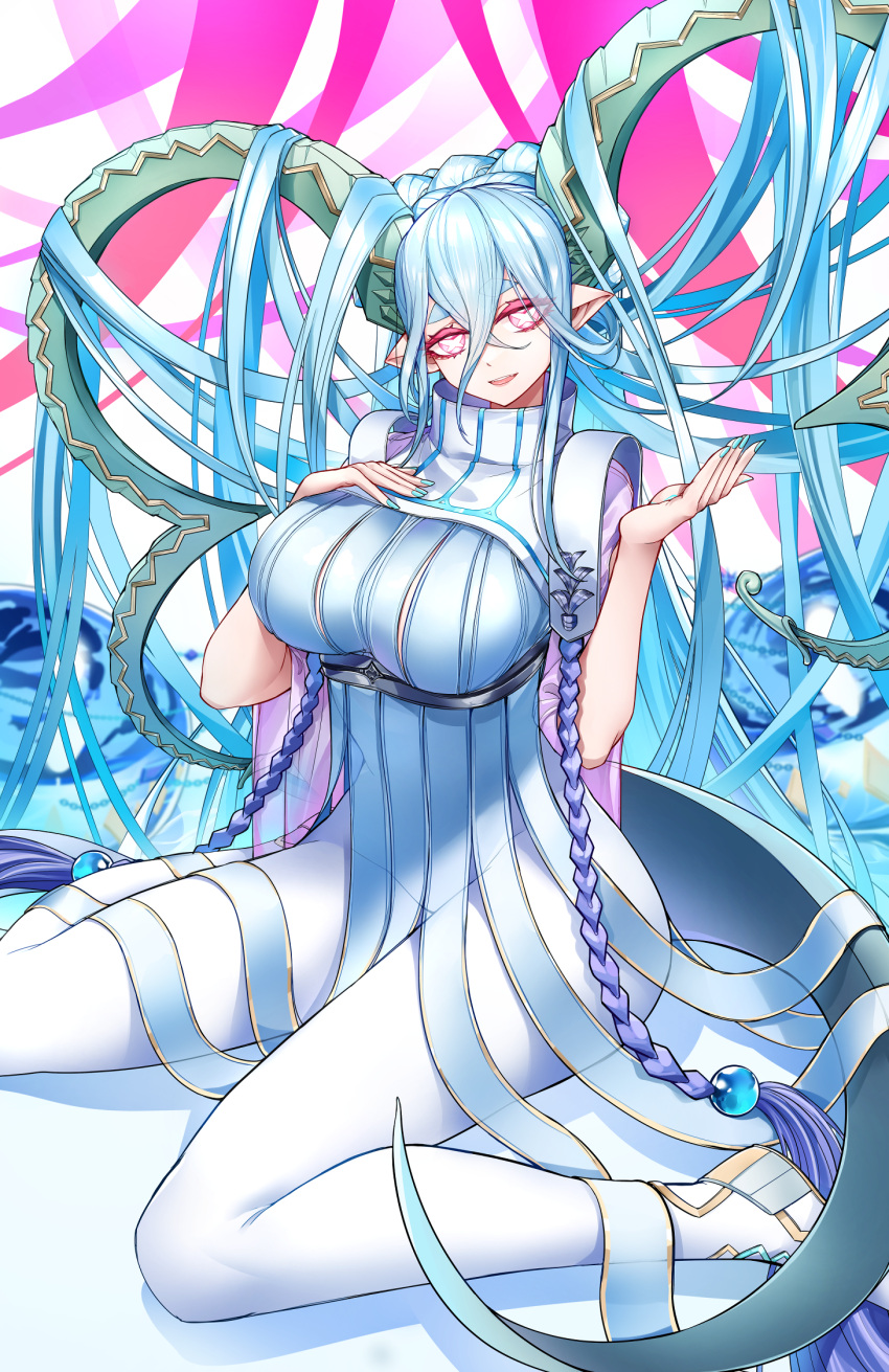 +_+ 1girl blush braid breasts casul curled_horns dress fate/grand_order fate/grand_order_arcade fate_(series) hair_between_eyes highres horns large_breasts larva_tiamat long_hair long_horns long_sleeves looking_at_viewer pantyhose pink_eyes pointy_ears ribbed_dress sidelocks silver_hair sitting smile solo symbol-shaped_pupils tiamat_(fate) very_long_hair wariza white_dress white_legwear
