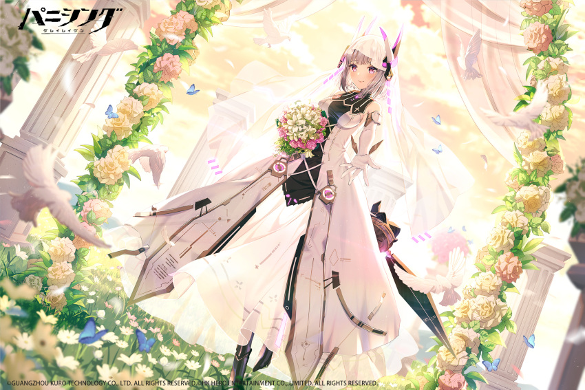 1girl bangs bare_shoulders bird blush breasts bridal_veil character_request closed_mouth elbow_gloves eyebrows eyebrows_visible_through_hair flower gloves hair_ornament highres holding holding_flower looking_at_viewer official_art pink_eyes punishing:_gray_raven rosuuri short_hair smile standing veil wedding white_gloves white_hair