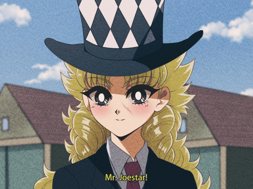 1980s_(style) 1girl bangs blonde_hair checkered_clothes closed_mouth clouds cloudy_sky collared_shirt curly_hair film_grain formal genderswap genderswap_(mtf) grey_eyes highres jojo_no_kimyou_na_bouken light_smile long_hair necktie outdoors parted_bangs phantom_blood portrait ren_ayume retro_artstyle robert_e._o._speedwagon scar scar_on_face shiny shiny_hair shirt sky solo subtitled suit white_shirt