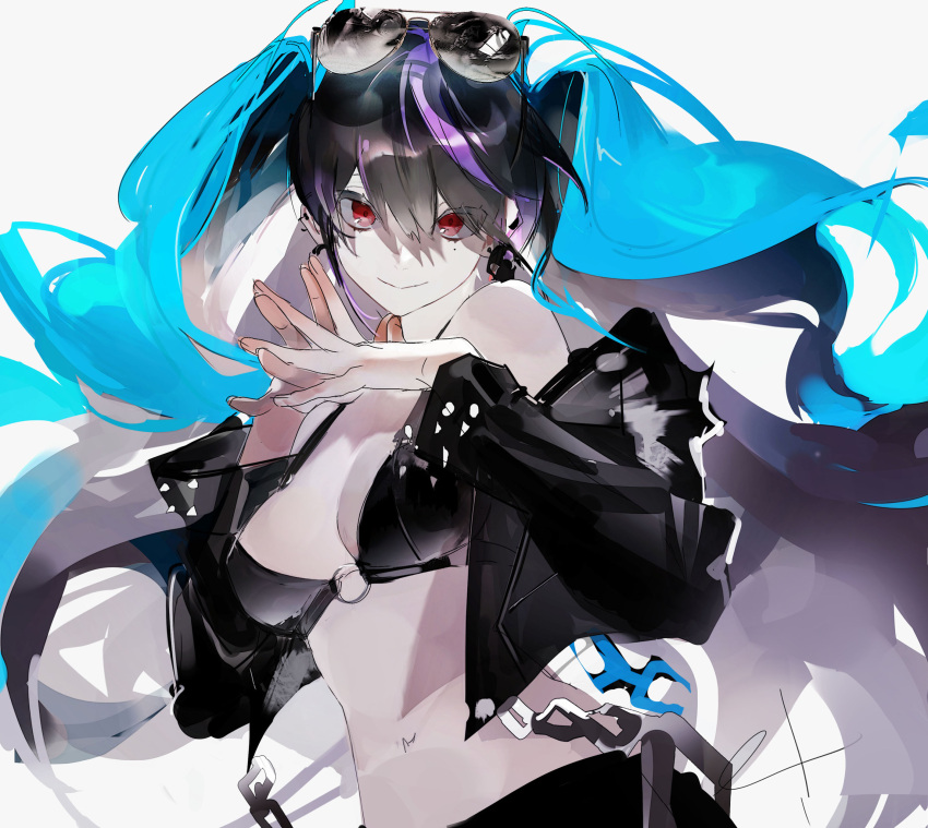 absurdres alternate_eye_color alternate_hair_color bikini bikini_top black_hair black_jacket black_rock_shooter black_rock_shooter_(character) black_shorts chain et_atr3 eyewear_on_head highres jacket midriff multicolored_hair navel own_hands_together pale_skin red_eyes shorts streaked_hair studded_jacket sunglasses swimsuit twintails uneven_twintails