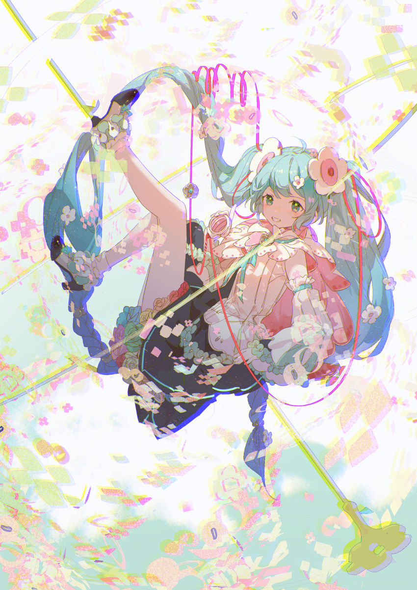 1girl aqua_eyes aqua_hair balabling flower hair_flower hair_ornament hatsune_miku highres long_hair magical_mirai_(vocaloid) midair smile solo twintails vocaloid