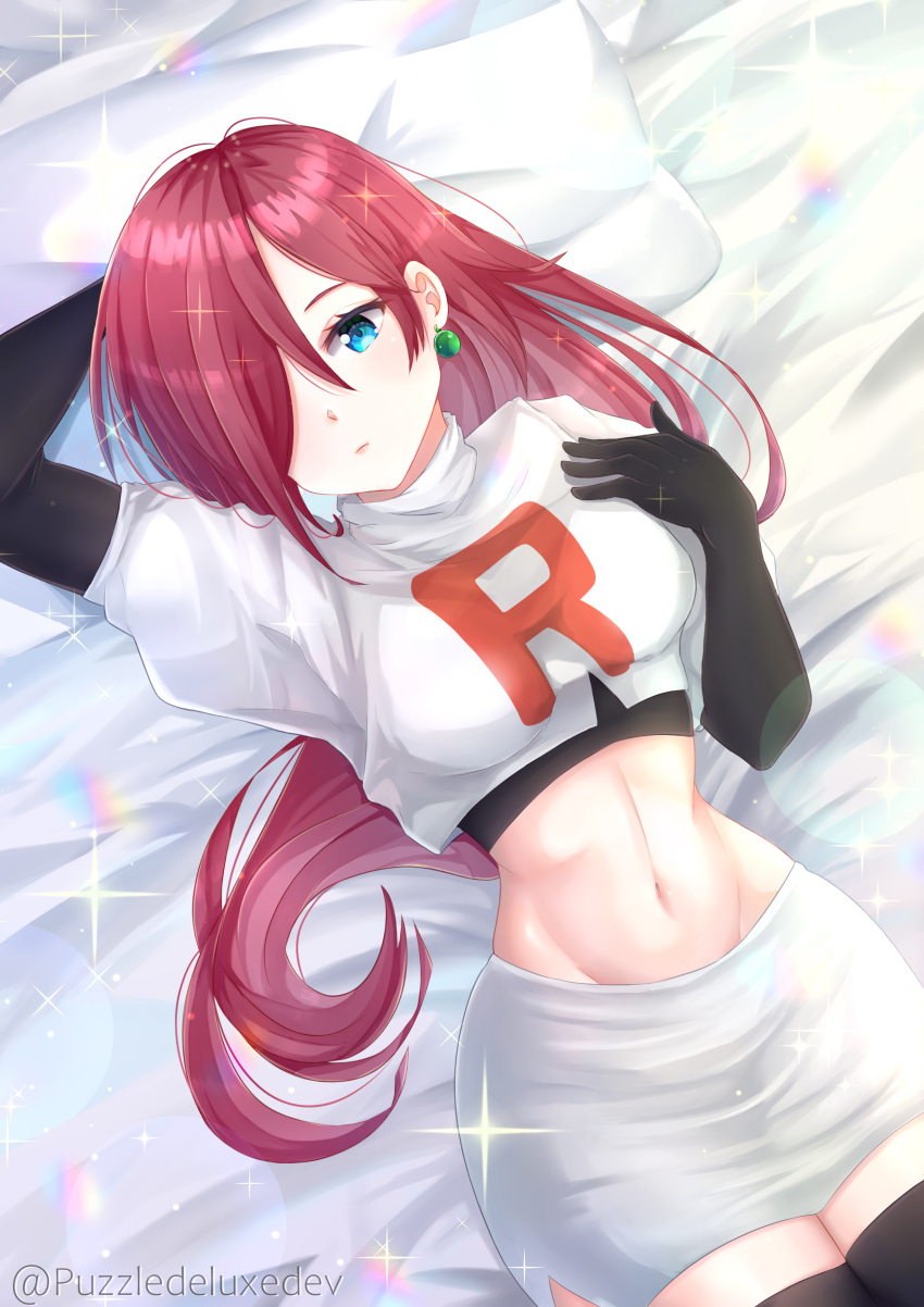 1girl absurdres bangs bed_sheet black_gloves blue_eyes boots breasts closed_mouth commentary cropped_jacket earrings elbow_gloves eyelashes from_above gloves hair_over_one_eye highres jacket jessie_(pokemon) jewelry lying navel on_back pillow pokemon pokemon_(anime) puzzledeluxedev skirt solo sparkle team_rocket team_rocket_uniform thigh-highs thigh_boots white_jacket white_skirt