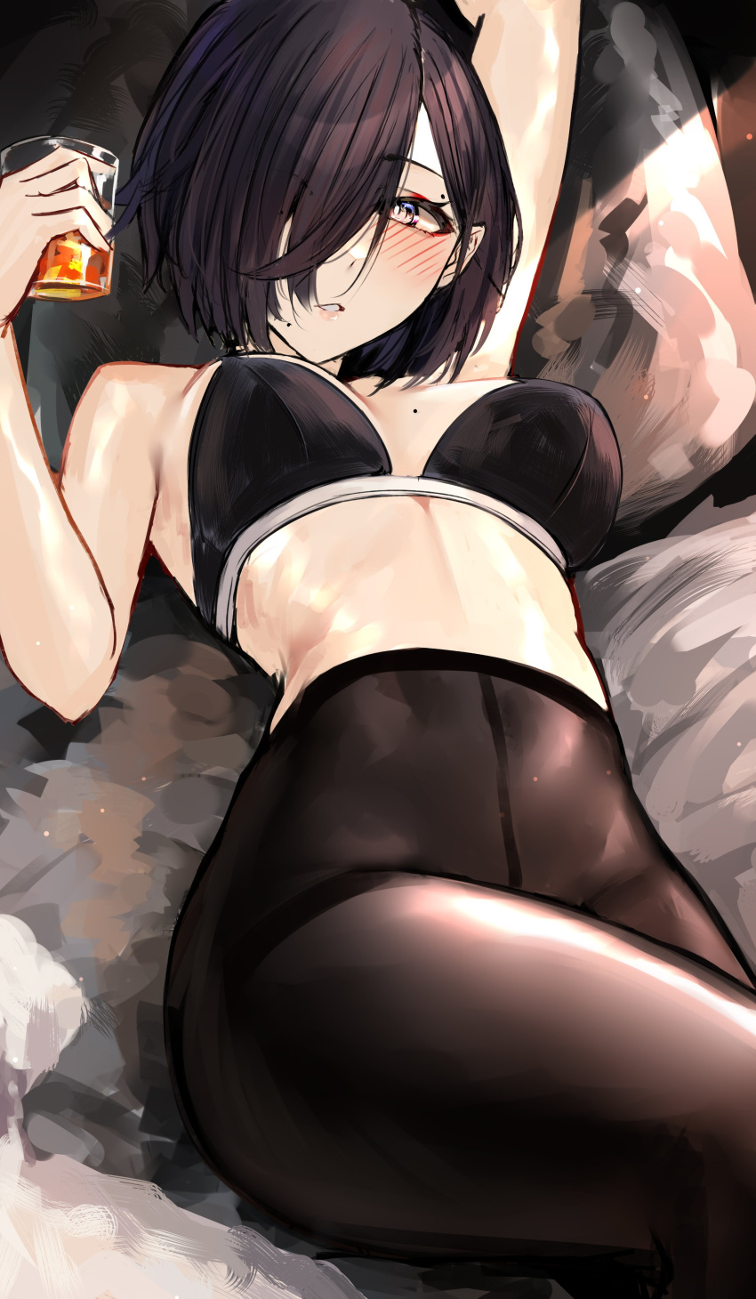 1girl absurdres black_bra black_hair black_legwear blush borrowed_character bra breasts cup english_commentary eyeshadow gift_art hair_over_one_eye highres holding holding_cup lying makeup medium_breasts mole mole_above_eye mole_on_breast naokomama on_bed one_eye_covered original pantyhose pillow red_eyeshadow solo underwear