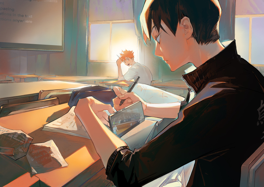 2boys black_hair bn3ppo book cellphone chair chalkboard classroom commentary desk haikyuu!! highres hinata_shouyou holding holding_pencil homework indoors jacket kageyama_tobio looking_at_another male_focus mechanical_pencil multiple_boys on_chair open_book open_mouth orange_hair pencil phone school_chair school_desk shirt short_hair sitting smartphone sunlight track_jacket white_shirt window