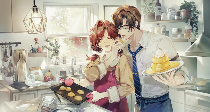 1boy 1girl :d apron artem_wing_(tears_of_themis) ayu_(auko2010) bangs blue_apron blue_eyes blue_necktie blue_pants brown_eyes brown_hair cookie food green_eyes highres holding holding_food holding_plate indoors kitchen long_hair necktie one_eye_closed open_mouth pancake pants pink_apron plate polo_shirt rosa_(tears_of_themis) shirt short_hair sink sleeves_rolled_up smile table tears_of_themis twintails white_shirt window yellow_shirt